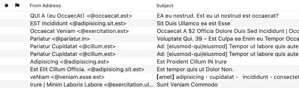 A MailMate message list showing only the "From Address" column, where each row displays the sender’s name followed by the email address in angle brackets. The user name part before the "@" is removed, so only the domain is shown, resulting in a more compact display that saves horizontal space.