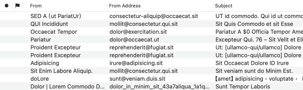 A MailMate message list with both "From" and "From Address" columns visible. The "From" column displays the sender’s name, while the "From Address" column shows the full standard email address, including both the username and the domain. This layout takes up more space compared to the single-column display.
