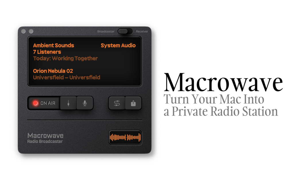 Macrowave's Mac app interface in a retro style showing an “ON AIR” button, audio controls,  and text that reads “Turn Your Mac Into a Private Radio Station.”