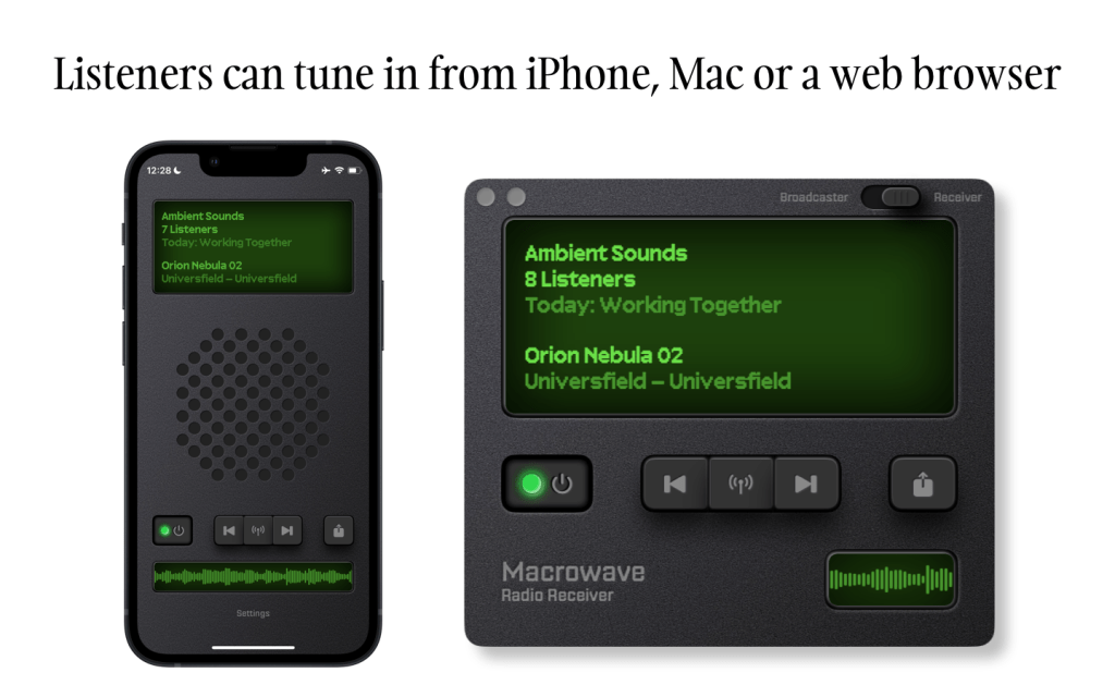 Macrowave app shown on an iPhone and Mac, with green retro-style interfaces, displaying listener count and track info, and captioned “Listeners can tune in from iPhone, Mac or a web browser.”