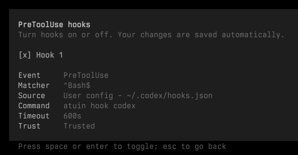 Codex CLI PreToolUse hooks configuration screen showing Hook 1 enabled and marked as Trusted.