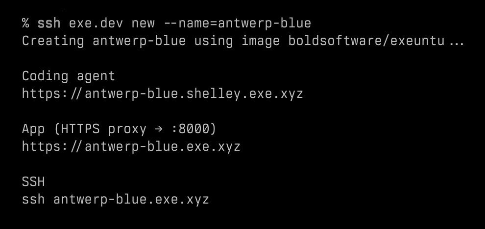 Terminal output showing a new exe.dev VM (antwerp-blue) with its agent URL, app URL, and SSH access details.